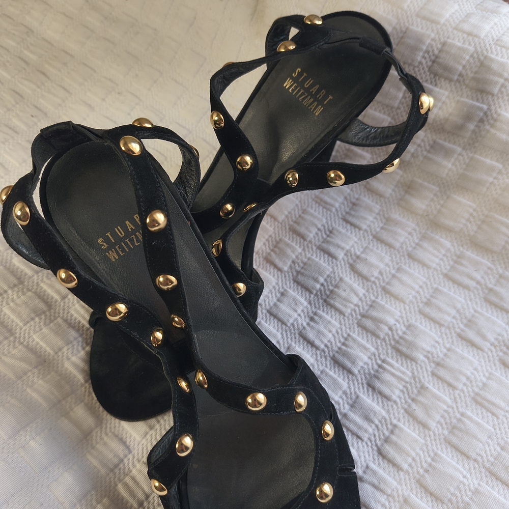 Stuart Weitzman Black Suede Gold-Stud T-Strap Heels - Picture 6 of 7
